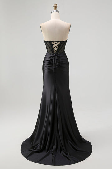 Robe De Soirée sans bretelles à paillettes noires corset sirène